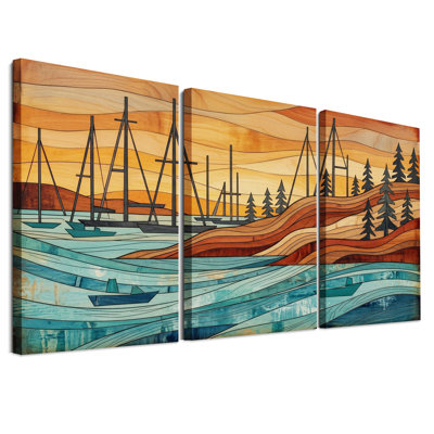 Ensemble de 3 toiles murales représentant des voiliers et des pins à l'aspect bois