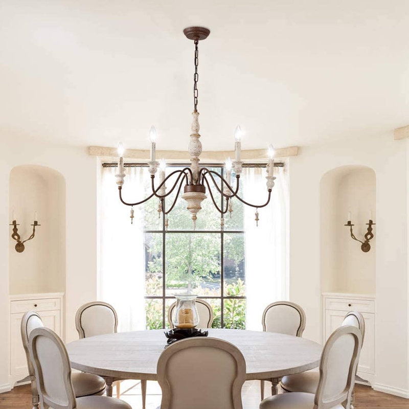Lustre 6 lumières façon bougie avec détails en bois