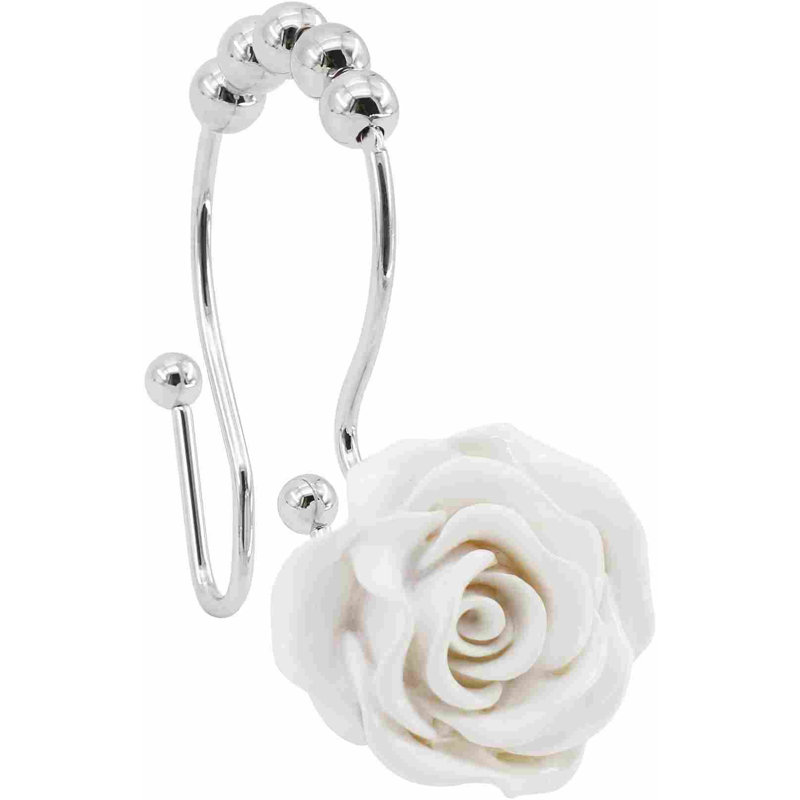 Crochets de rideau de douche Rose, 12 pièces Anneaux de rideau de douche à double glissement Anneau de crochet de douche décoratif en acier inoxydable antirouille avec résine Rose pour tringles de douche de salle de bain (blanc)