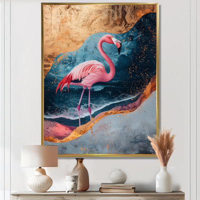 Clairice, flamant rose doré sur un paysage de plage audacieux III - art mural sur toile Flamingo