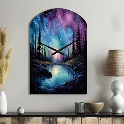 Aurora Borealis Dancing Lights VIII - Arch Aurora Borealis Metal Wall Clock, Teal Wall Clock Print