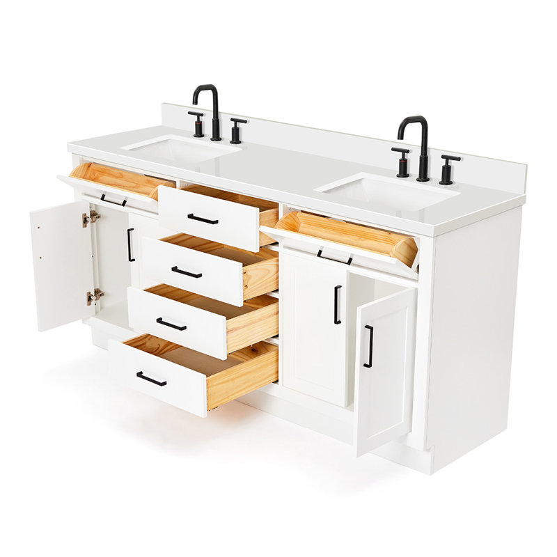 Tidworth 72'' Solid Wood Double Bathroom Vanity with 1.5'' White Quartz Top, White, Rectangular
