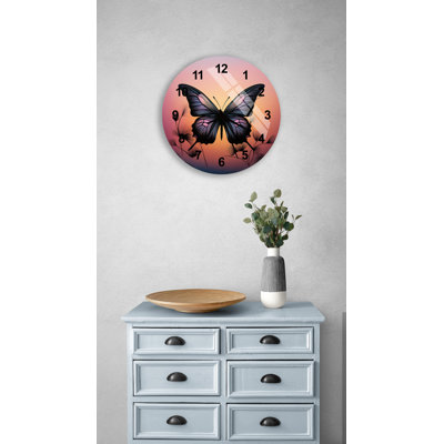 Modern Nature Scene with Purple Butterfly 24'' Round Tempered Glass Silent Wall Clock