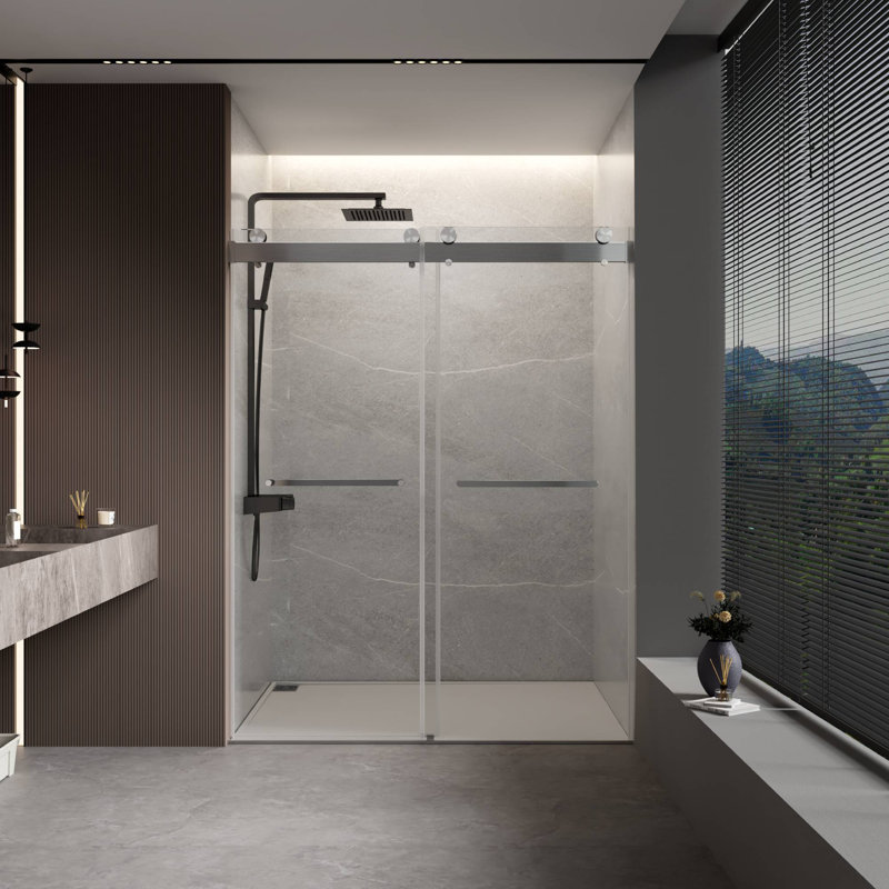 Porte de douche coulissante double sans cadre de 56 à 60 po x 76 po avec fermeture en douceur, verre trempé épais de 3/8 po (10 mm), revêtement facile à nettoyer pour une salle de bain élégante