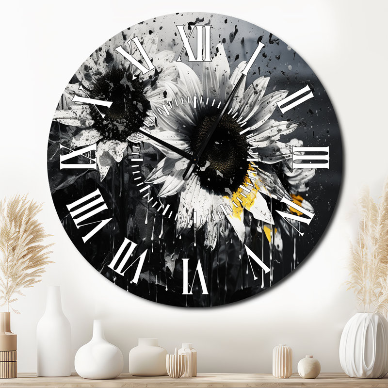 Horloge murale tournesols noirs et blancs, Surdimensionné