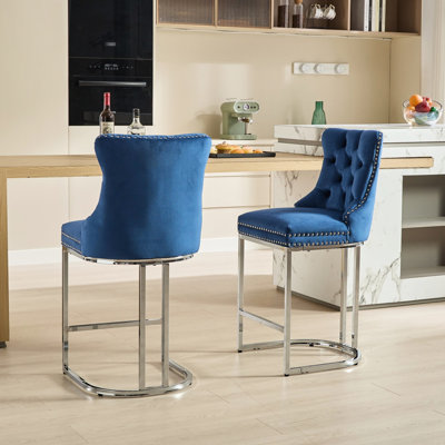 De 2 tabourets de bar de hauteur comptoir de 25 po, velours bleu avec dossier à boutons et siège à garniture de rivets, pieds en métal chromé pour îlot de cuisine, 2 sièges, chaises