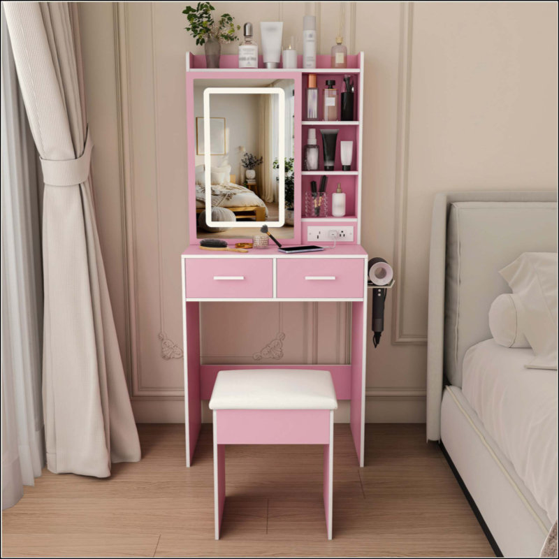 Petit bureau de coiffeuse avec miroir et lumières DEL réglables, prise de courant intégrée et rangement dissimulé, comprend tabouret et tablette rembourrés, coiffeuse pour petites chambres