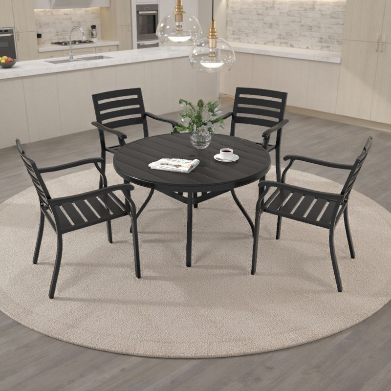 Ensemble repas d'extérieur 52,9 po avec ensemble de patio en métal empilable 7 pièces avec trou de parasol réglable?, 4