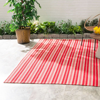 Renley Ticking Stripe Red/Ivory Handwoven Indoor/Outdoor Rug