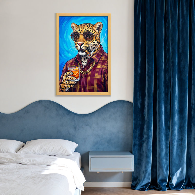 Animaux léopard portant des lunettes de soleil et un cigare tenant une boisson, H 12 po x l 18 po, Toile tendue