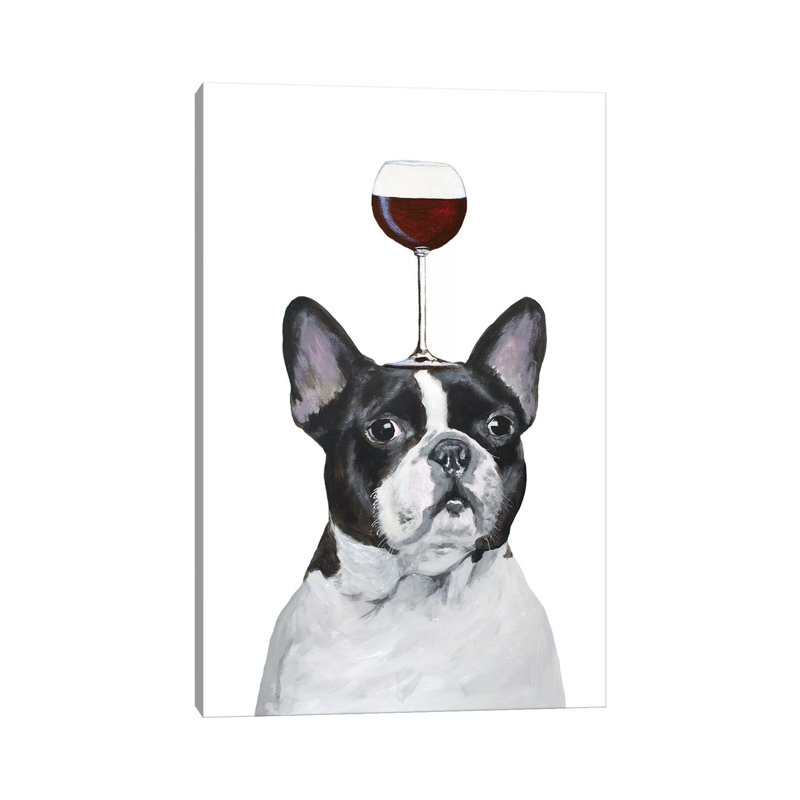 Frenchie With Wineglass by Coco De Paris - Wrapped Canvas Print, 20.32 cm H x 30.48 cm W