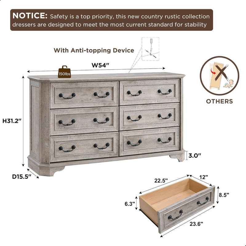 Farmhouse 6-drawer Wooden Chest Of Drawers, Solid Wood Dresser, Storage Cabinet For Bedroom, Light Rustic Oak
