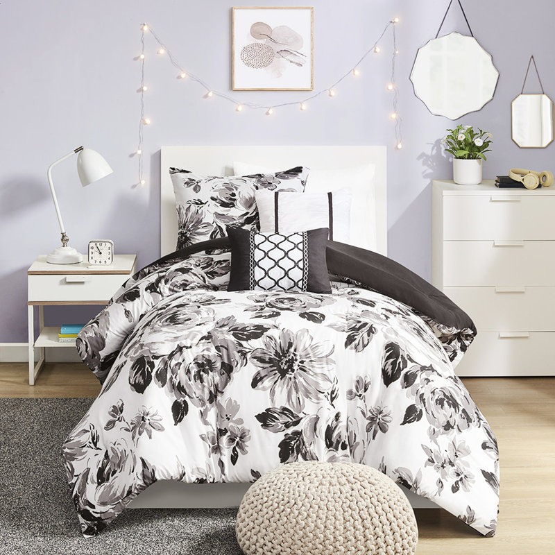 Literie florale noire et blanche pour lit simple / simple TG, édredon ultra doux, tissu odorant