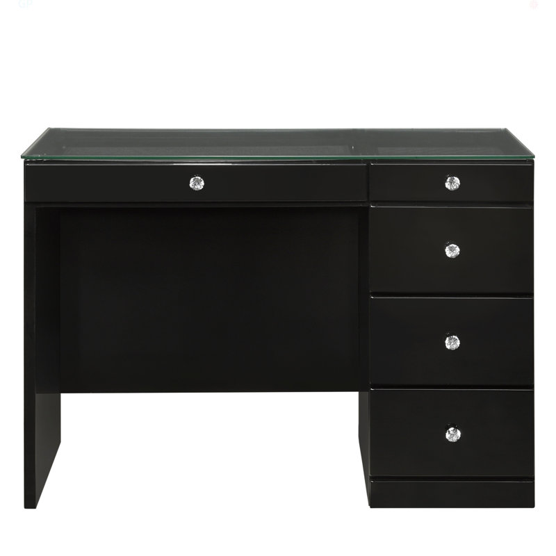 1Pc Glam Makeup Vanity Table Top 5 Drawers Crystal Knobs Wooden Bedroom Furniture, Black