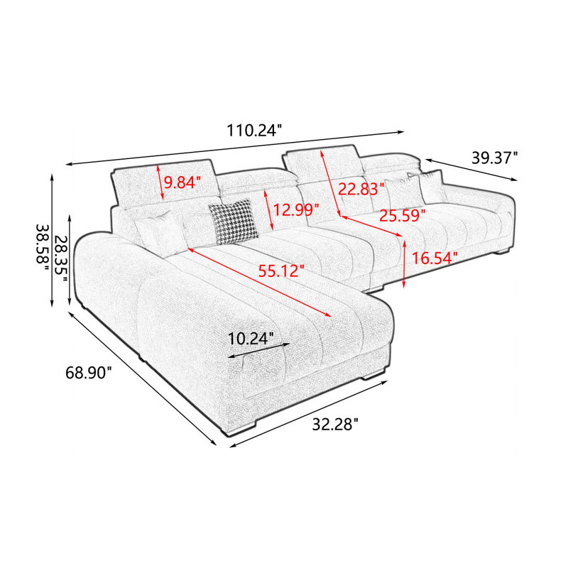 Canapé modulaire 3 pièces rembourré, H 38,58 po x l 110,24 po x P 68,9 po, Chenille crémeux / blanc, Face à la gauche