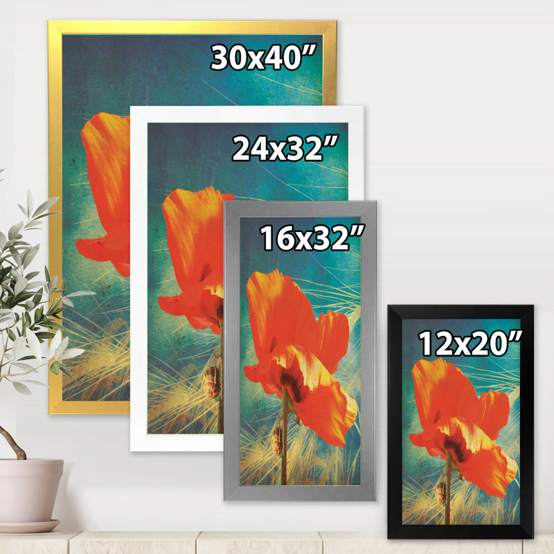 Coquelicot rétro - peinture sur toile, Cadre photo blanc, H 32 po x l 24 po x P 1 po