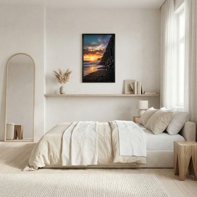 Art mural sur toile, "Falaises de basalte foncé", coucher de soleil sur les vagues de l'océan