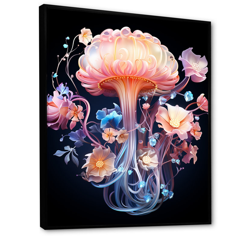 Rose et bleu méduse dérive - art mural animaux côtiers, Cadre flottant noir, H 40 po x l 30 po