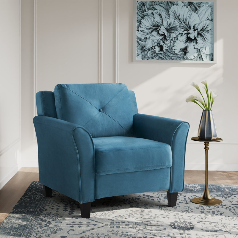 Lourdez 33.9" Curved Arm Tufted Back Armchair, Blue Microfiber/Microsuede