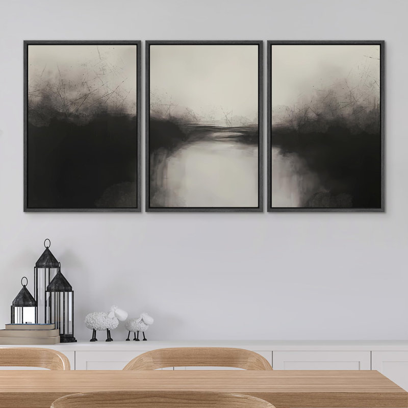 «Abstrait paysage moderne, minimaliste, noir et gris, nature géométrique, nature sauvage», 3 pièces, H 36 po x l 24 po, Noir