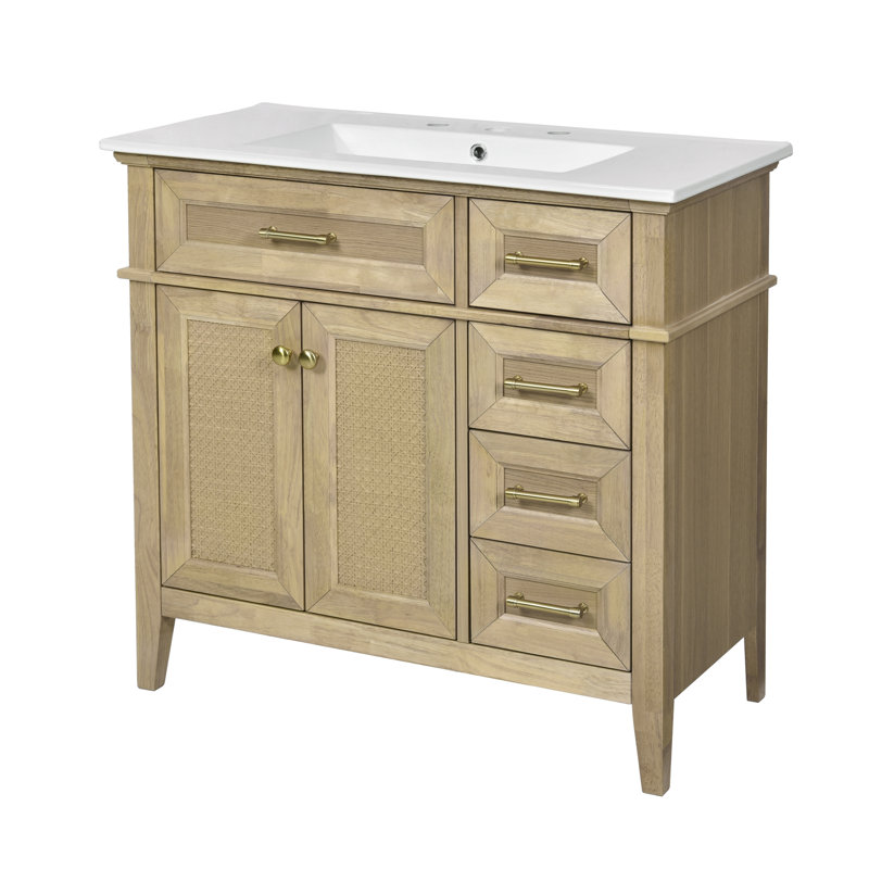 Meuble-lavabo à structure en bois d'hévéa 36 po avec lavabo en céramique et rangement polyvalent, Chêne