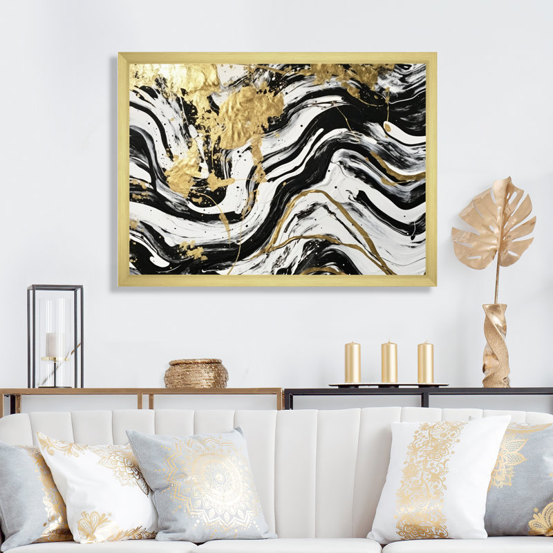 Wild Wave Bliss abstrait or blanc noir - peinture murale abstraite, Cadre doré à une seule photo, H 12 po x l 20 po x P 1 po