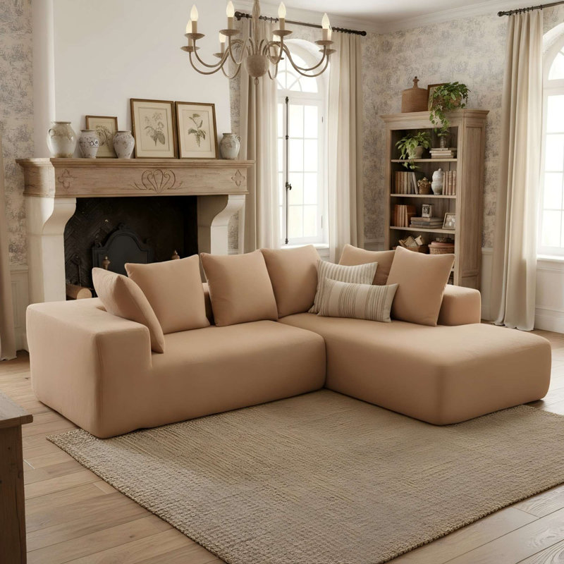 96.46" Wide L-shaped Sectional Sofa, Zero Assembly Required Cloud Teddy Fleece Sofa, Brown