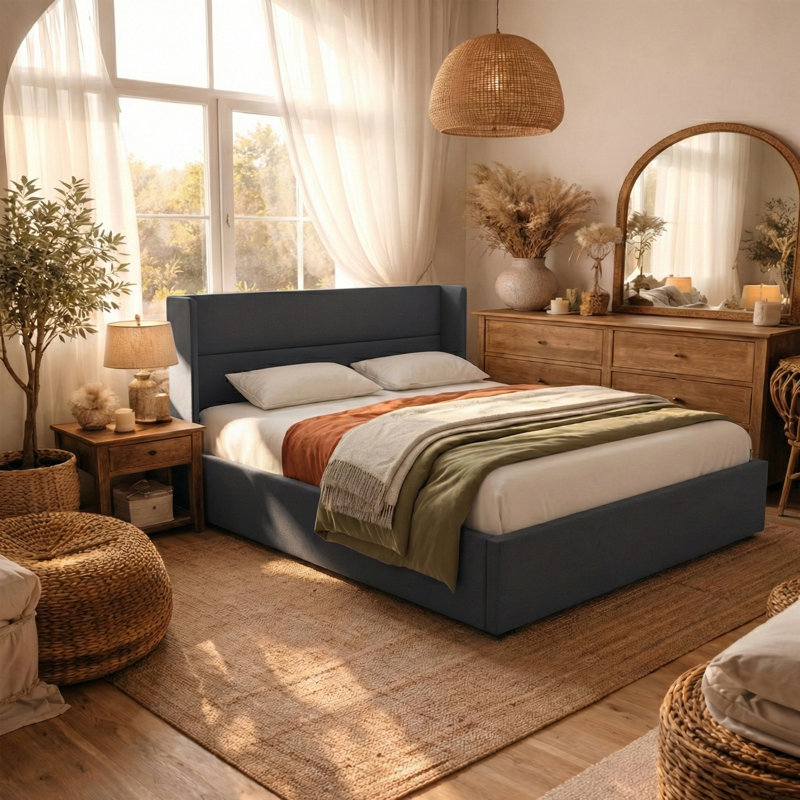 Annek Upholstered Bed Frame with Lift Up Storage, 40.9"H Wingback Headboard, Wood Slats & Metal Frame, Multiple Sizes & Fabric Options Available
