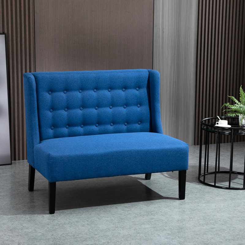 Canapé double à oreilles bleu avec coussin moelleux et structure en bois Élégant tissu en lin capitonné avec des pieds robustes