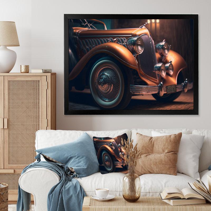 Gros plan d'une voiture rétro classique II - reproduction sur toile, Impression noire sur toile encadrée