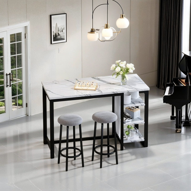 Bar Table Set For 2 With Storage Shelves, 4-Tier Faux Marble Bar Height Table With 2 Grey Velvet Upholstered Stools, Modern 3-Piece Dining Table Set Of 2 For Kitchen, Home, Studio, Office
