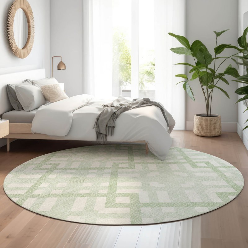 Premium Machine Washable Mayfield AMF616 Geometric Rug, Mint, 8' Round