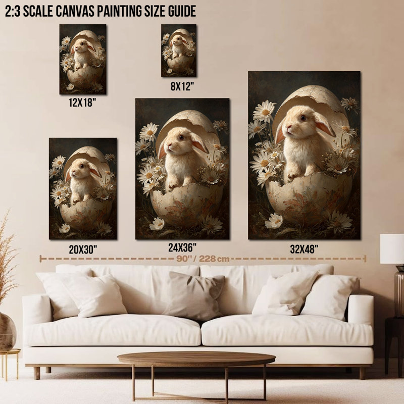 Illustration de toile de grand lapin de printemps Timuba - Art mural thématique de Pâques avec image de lapin en œuf pour décoration murale saisonnière, peinture décorative enveloppée pour décoration de maison de vacances, 32 po x 48 po