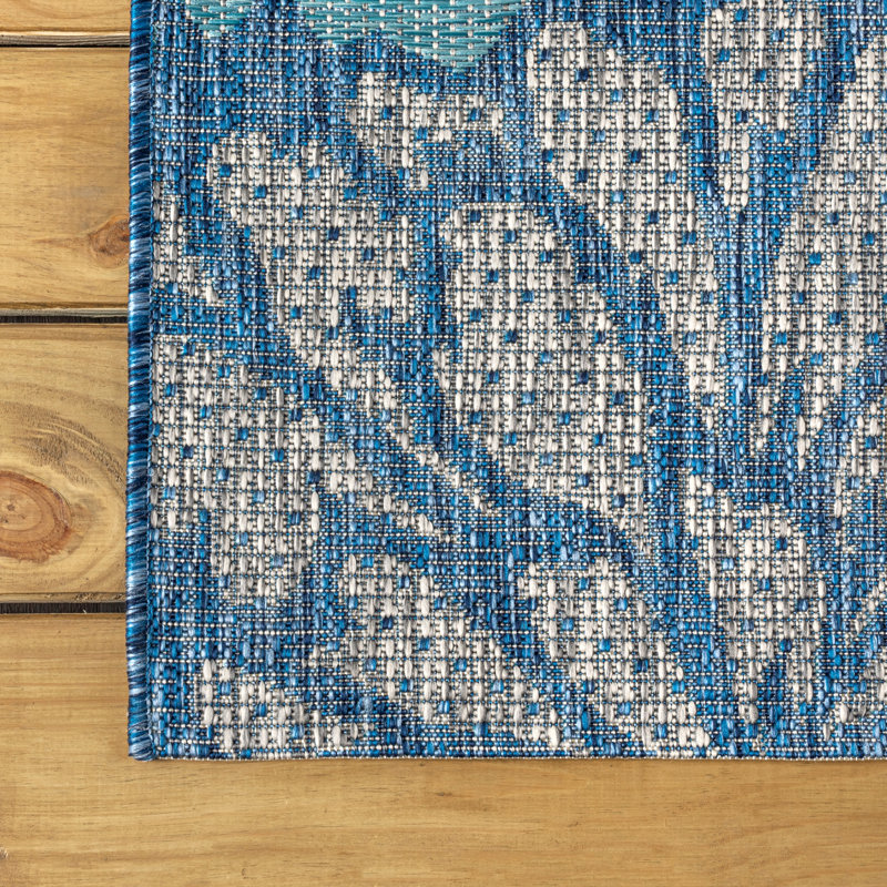 Hagy Modern Floral Textured Weave Navy/Aqua Indoor/Outdoor Rug, Runner 2'2" x 8'