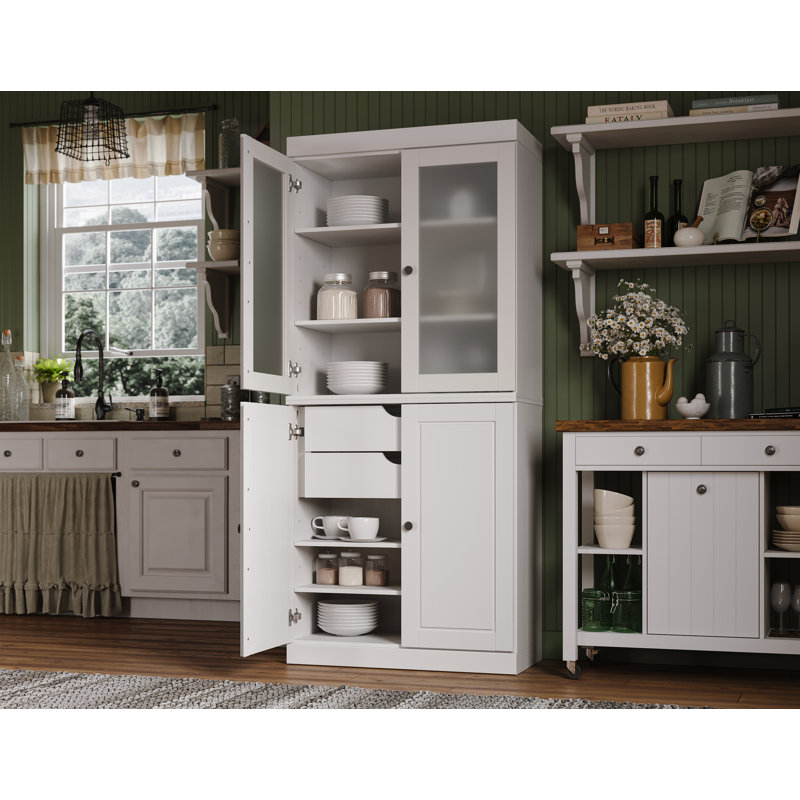 Garde-manger 100% bois massif 32 po avec verre givré, portes solides, 2 tiroirs et tablettes réglables, Blanc / Blanc