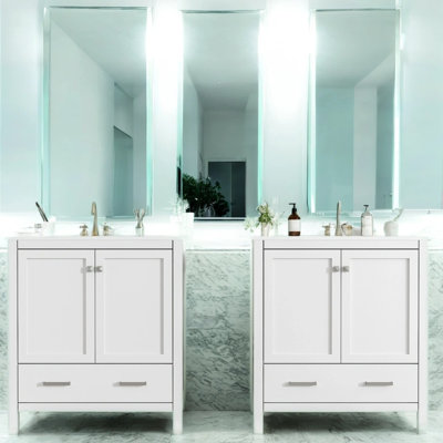 Ensemble de meuble-lavabo double autoportant 60 po avec lavabos séparés et lavabos en céramique 60 po - 2 tiroirs, tablette réglable, portes à fermeture douce pour salle de bain moderne (blanc)