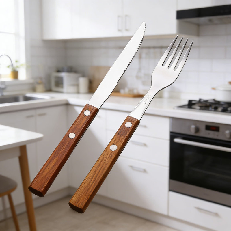 Ensemble de couverts 16 pièces en bois 16 pièces, 4 couverts en acier inoxydable 18/8 avec couteaux, fourchettes, cuillères et cuillères à dessert pour tous les jours