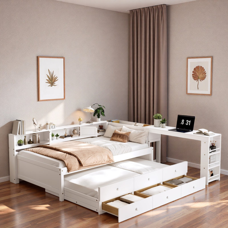Lit de jour en bois avec tiroirs de rangement, tablettes latérales, bureau et lit gigogne, Lit simple, Blanc