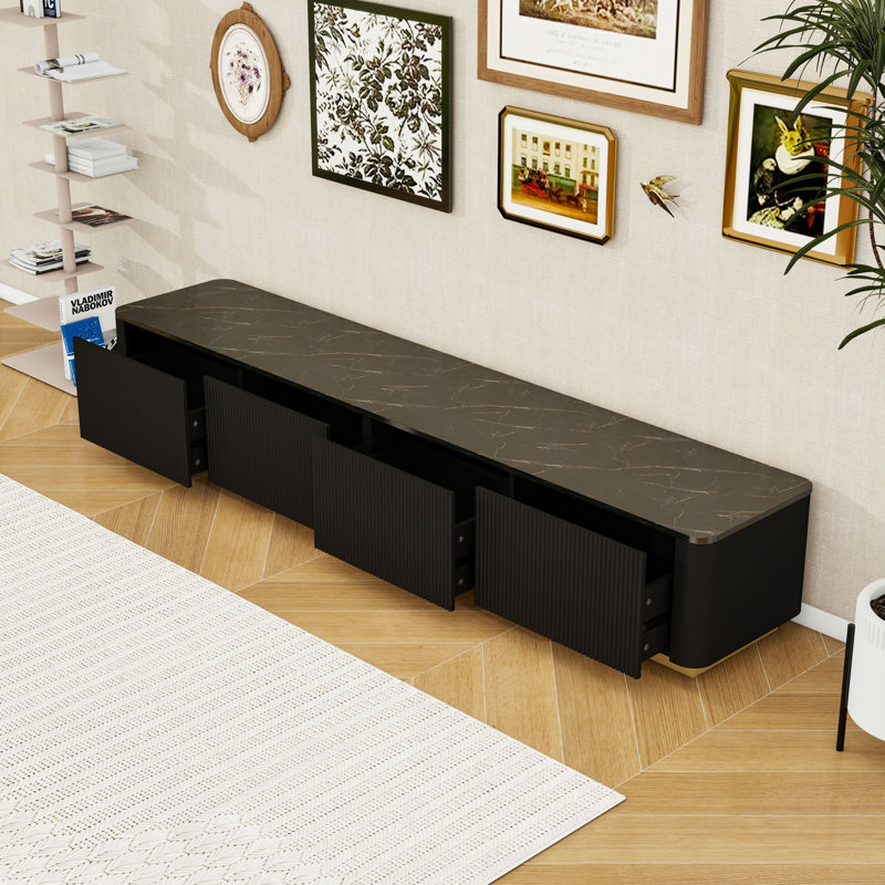 Modern Fluted TV Stand with 4 Drawers, Faux Marble Tabletop & Curved Design, Black