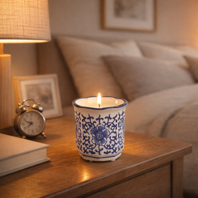 Bougie parfumée moderne en céramique Plumeria pour décor de salon - Décoration pour table basse, chambre à coucher ou bibliothèque - 4 po, bleu et blanc