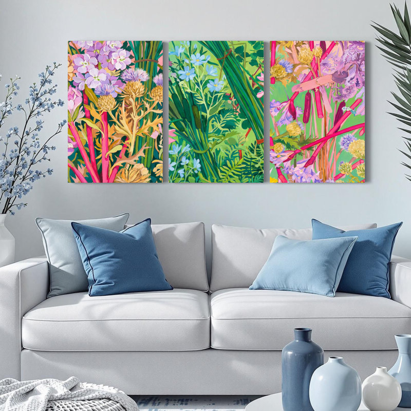 Ensemble de 3 tableaux muraux sur toile tendue représentant un jardin floral, pour la décoration du salon, de la chambre ou du bureau.
