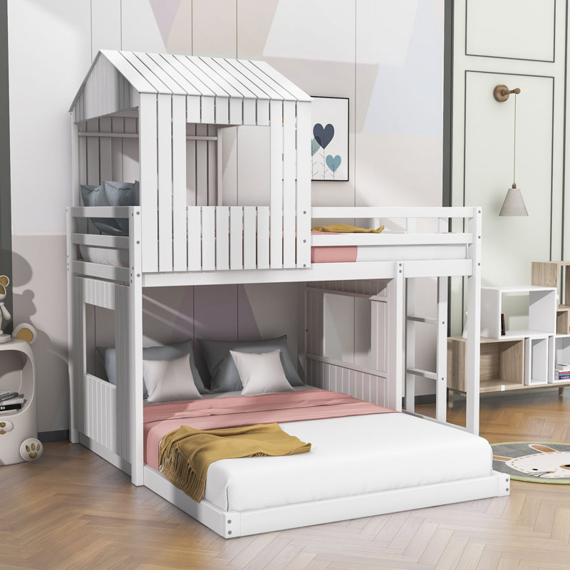 Lit simple superposé en L simple au-dessus d'un lit double en bois, Blanc
