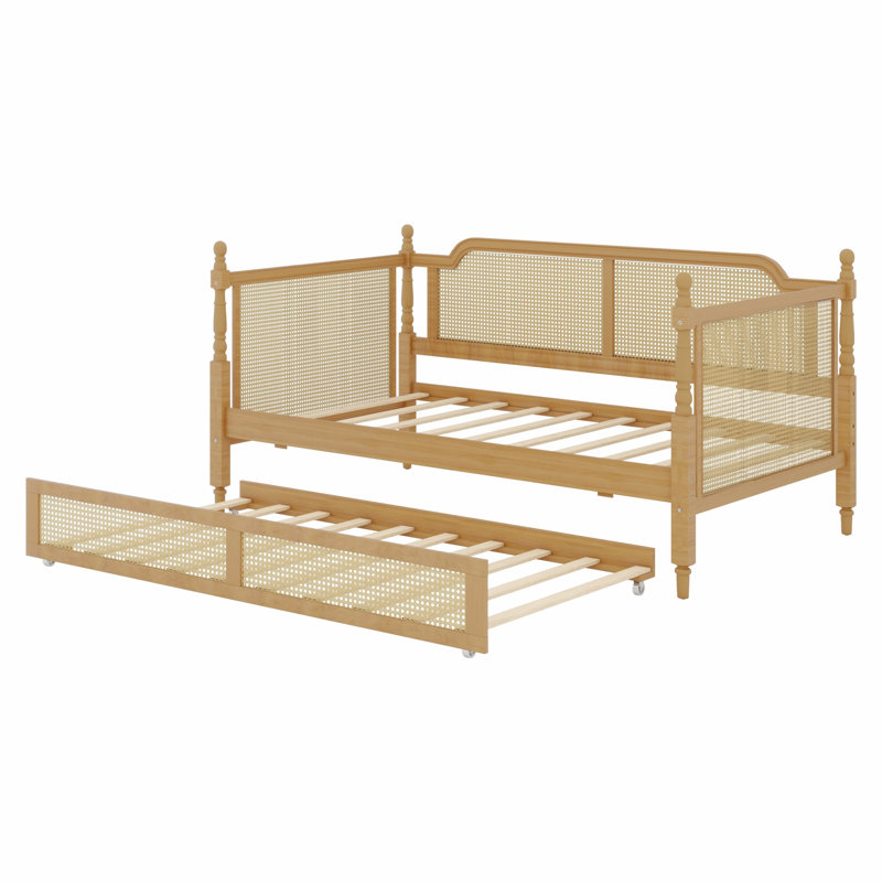 Lit de jour en rotin avec lit gigogne escamotable, structure de lit de jour peu encombrante pour le salon de la chambre à coucher