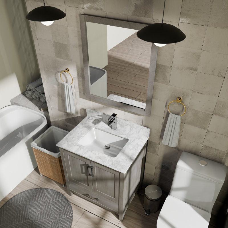 Meuble-lavabo l 30 po x P 22 po Jacques et comptoir en quartz blanc, Gris patiné, Marbre de Carrare blanc