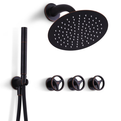 SKOWLL Oil Rubbed Bronze Shower System 3 Handles, Wall Mounted Shower Faucet Set with 10 Inch Round Rain Shower Head and Handheld Spray