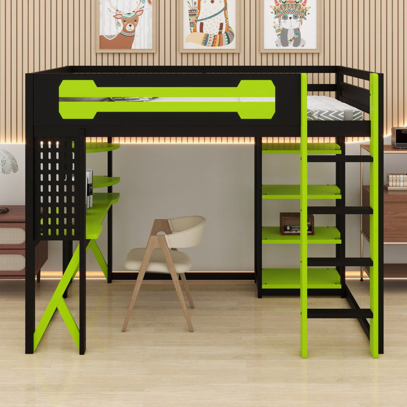 Loft Bed with Integrated Desk, Shelves, Power Outlet & RGB Lighting, Black+Green