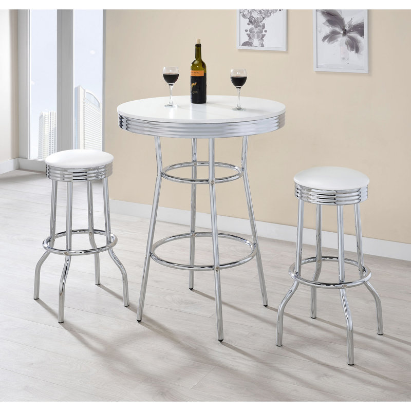 Table de bar ronde Midge White 3 avec fonction pivotante, base en métal, plateau en bois, mobilier de salle à manger des années 1950, tabourets sans dossier en stratifié, tablier, Ambiance