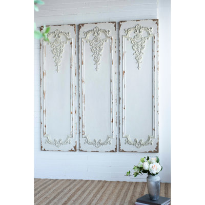 3 grands panneaux d'art mural blanc, sculpture rectangulaire. Décoration intérieure pour la vie, la salle à manger, le bureau, la chambre à coucher. 21 po x 71 po. Style rétro. Blanc vieilli. Matériau du salon, de la salle à manger 21 po x 71 po.