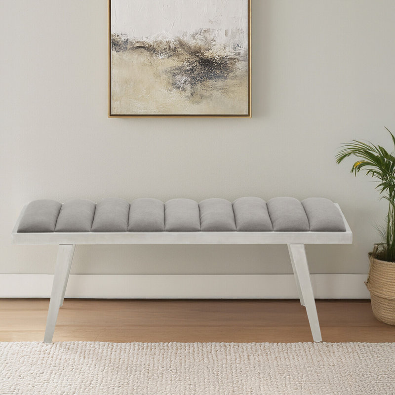 Carina Velvet Upholstered Bench, Grey/Brushed Silver