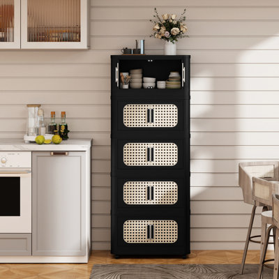 Armoire de rangement en plastique noir rétro à 4 compartiments, montage rapide et bacs pliables pour la cuisine, 50 cm de large, porte magnétique, facile à déplacer et à plier.